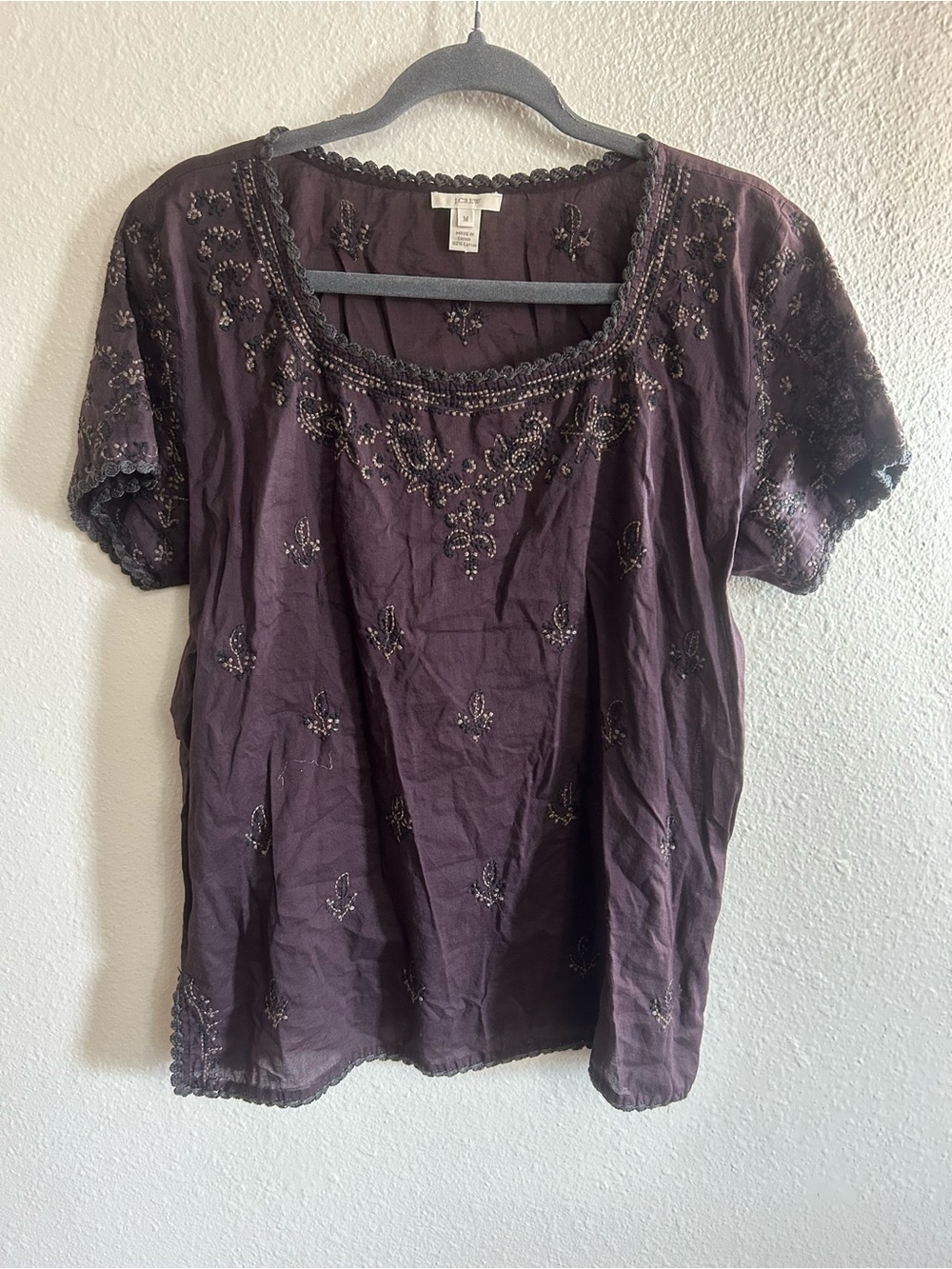 J Crew Embroidered Paisley 100% Cotton Dark Plum Blouse Womens Size M